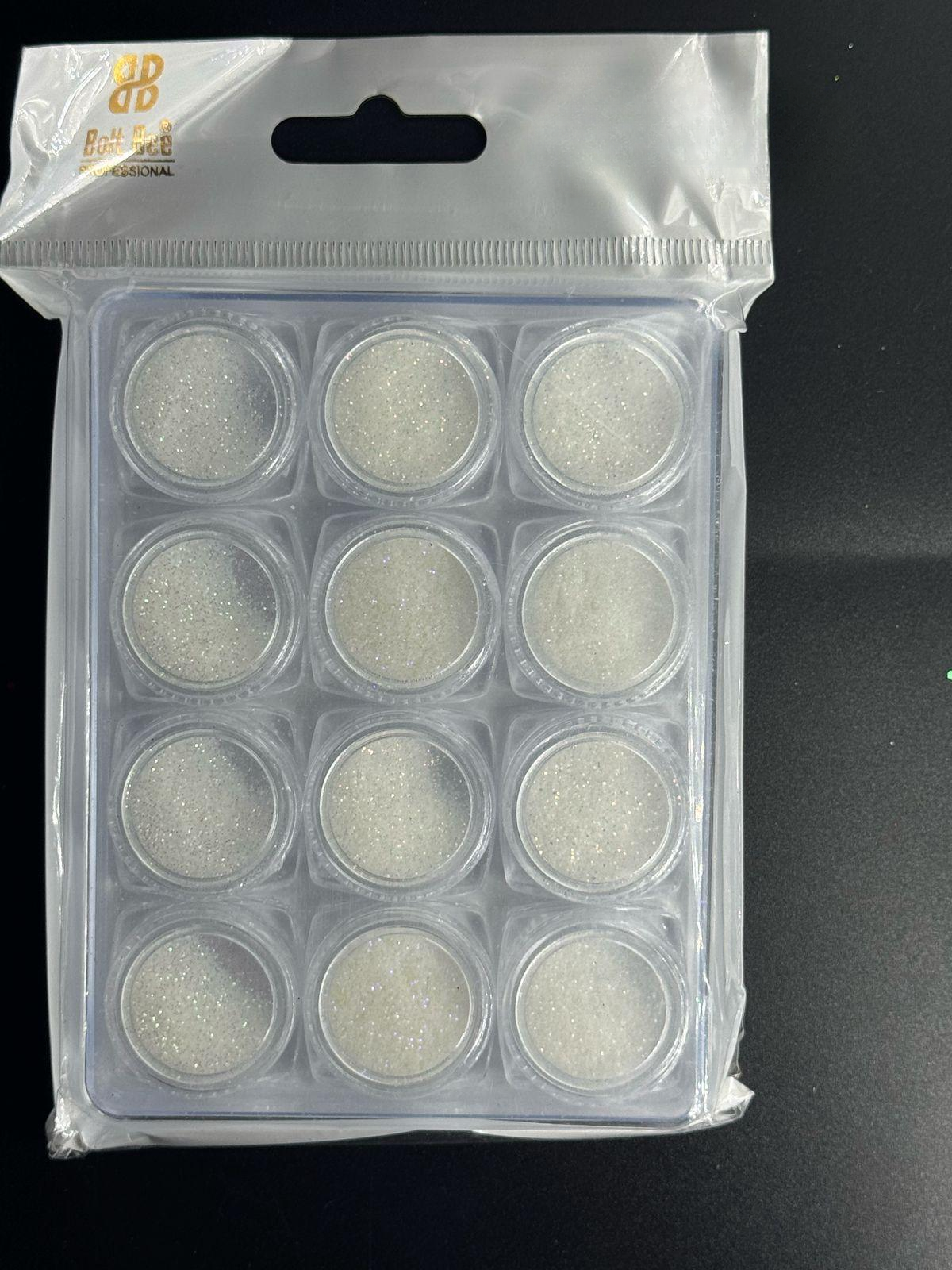NP199 Bolt Bee Professional White Iridescent Micro Fine Glitter Powder Set (12 Pots)