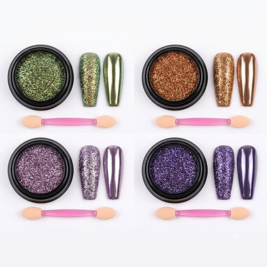 GV854 4 Colors Metallic Mirror & Glitter Nail Powder Set - Chrome & Sequined Effect Nail Art Pigment Dust with Applicator Brushes for Gel, Acrylic Nails & DIY Manicure