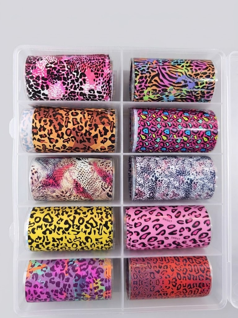 GV1169 10 Rolls Animal Print & Leopard Nail Transfer Foil Set, 10 Compartments - Colorful Cheetah, Zebra & Snakeskin Nail Art Foil Rolls for Gel, Acrylic Nails & DIY Manicure