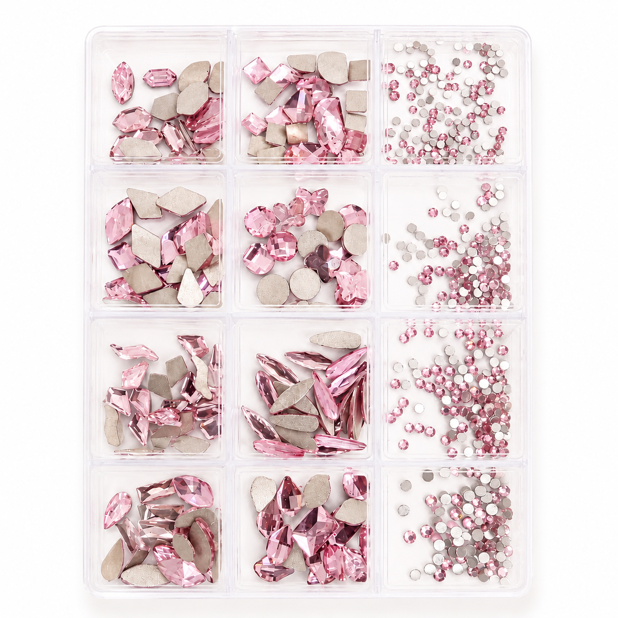 GV1149 12 Compartments Pink Crystal Rhinestone Nail Art Decoration Set, Mixed Shapes & Sizes Nail Charms for Gel Nails, Acrylic Nails, Manicure & DIY Nail Art