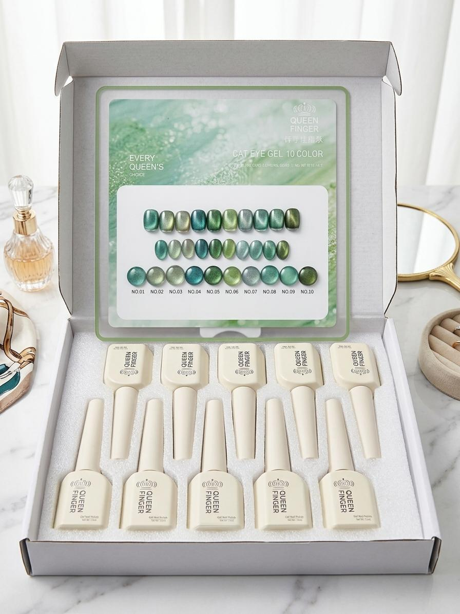 GV1191 QUEEN FINGER 10-Color Green Cat Eye Gel Polish Set – Emerald & Jade Magnetic Shimmer UV/LED Gel Nail Kit for DIY & Salon Nail Art