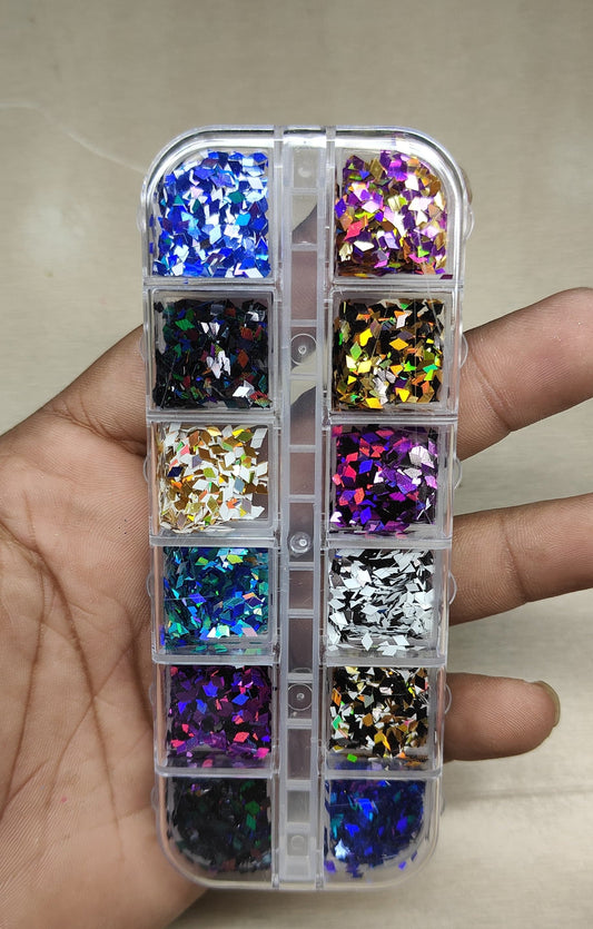 GV810 Holographic Chunky Nail Art Glitter Set – 12-Color Iridescent Flake Collection for Nails, Crafts & Resin