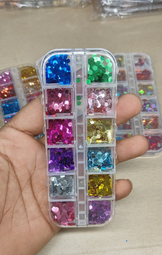 GV797 12-Color Holographic Hexagon Nail Glitter Set – Chunky Sparkle Flakes for Gel, Acrylic & DIY Nail Art