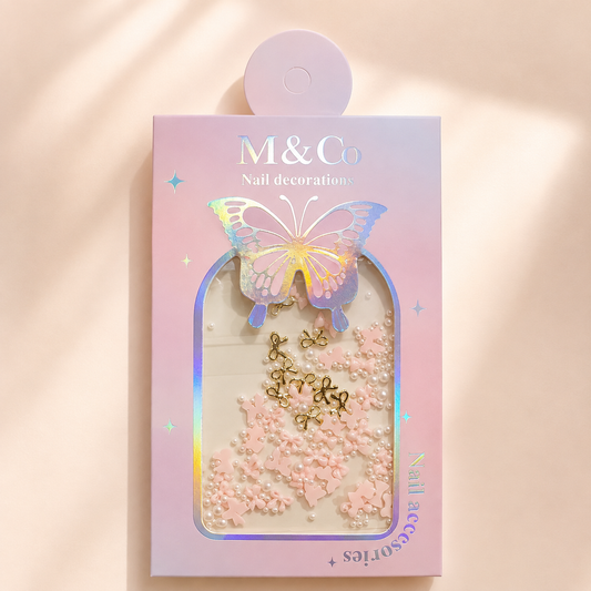 GV1179 M&Co 3D Light Peach Bow & Pearl Nail Art Decoration Set - Mixed Resin Bow Ties, Faux Pearls & Wire Bow Charms for Gel, Acrylic Nails & DIY Manicure