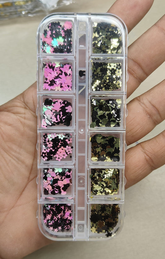 GV793 12-Grid Mixed Shape Nail Art Glitter Box – Hearts, Flowers & Decorative Sequins for Gel & Acrylic Nails
