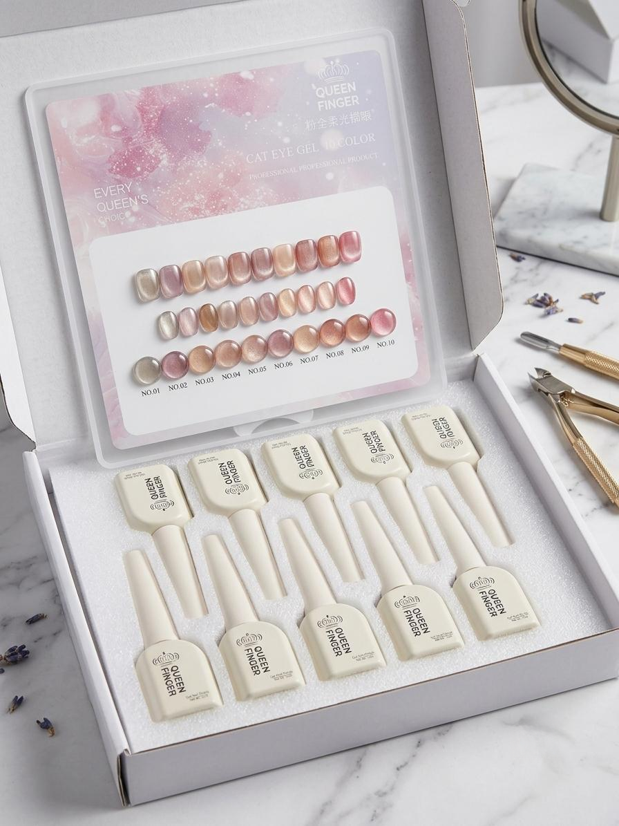 GV1193 QUEEN FINGER 10-Color Pink Cat Eye Gel Polish Set – Nude Rose & Champagne Magnetic Shimmer UV/LED Gel Nail Kit for DIY & Salon Nail Art