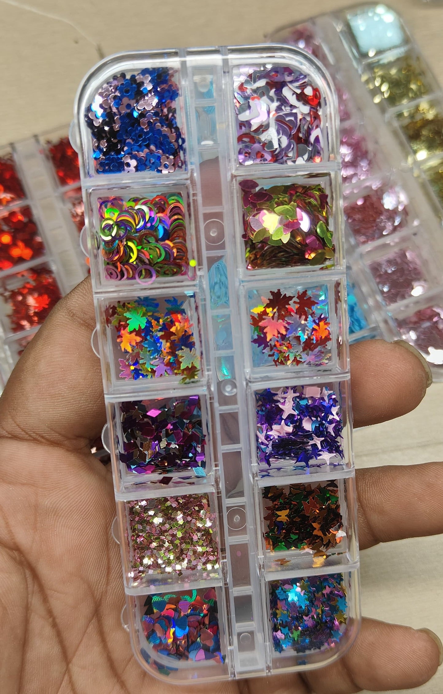 GV798 12-Color Holographic Nail Glitter Mix Box – Stars, Maple Leaves & Iridescent Shapes for Gel, Acrylic & DIY Nail Art