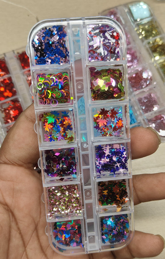 GV798 12-Color Holographic Nail Glitter Mix Box – Stars, Maple Leaves & Iridescent Shapes for Gel, Acrylic & DIY Nail Art