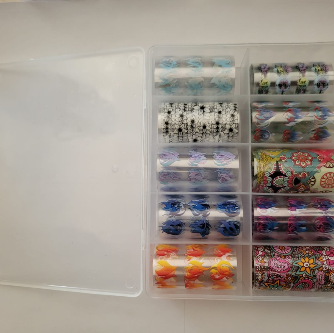 GV932 10pcs Mixed Designer Nail Foil Transfer Set โ Floral, Abstract & Mandala Nail Art Foils with Storage Box