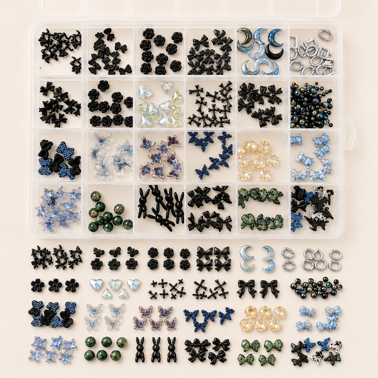 GV1107 24-Grid 3D Nail Art Charms Kit – Gothic Dark Grunge Collection featuring Black Roses, Crosses, Bunnies, and Celestial Blue Accents for DIY Manicures and Crafts