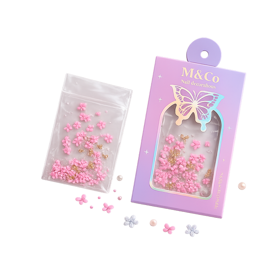GV1117 M&Co 3D Pink Floral Nail Art Decorations Set – Five-Petal Flowers, Caviar Pearls, and Gold Bows