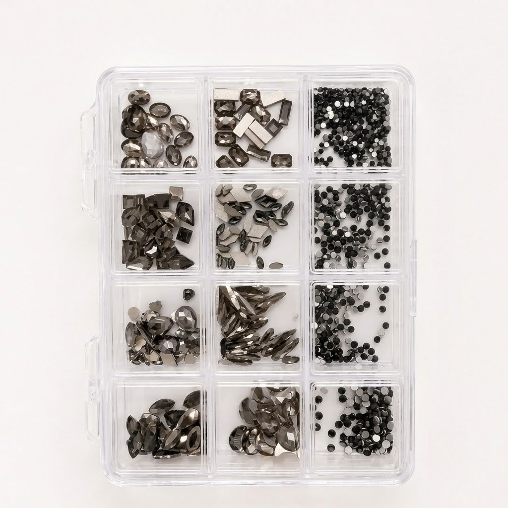 GV1159 12 Compartments Silver & Black Rhinestone Nail Art Decoration Set, Mixed Shapes & Sizes, Crystal Nail Charms for Gel Nails, Acrylic Nails, Manicure & DIY Nail Art