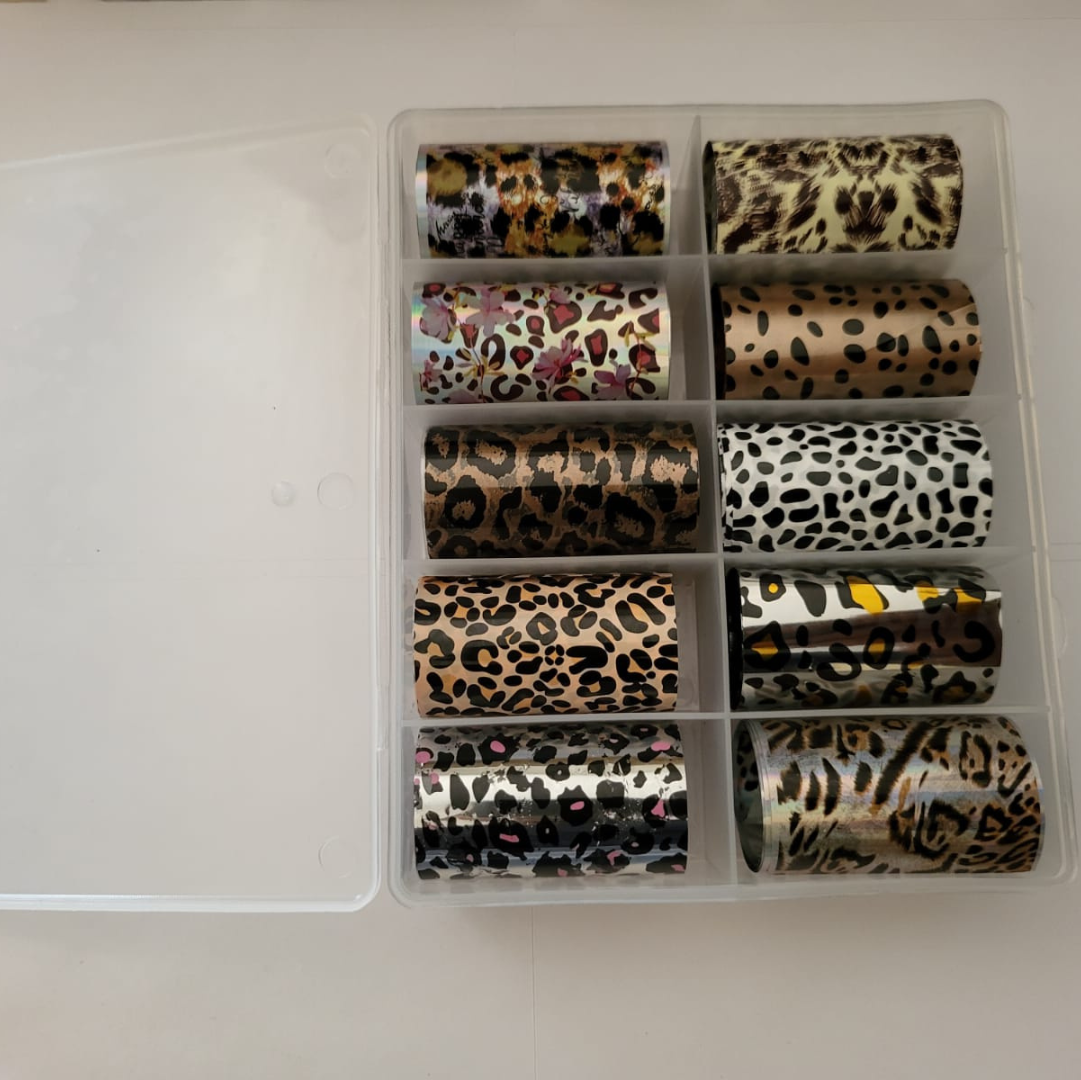 GV934 10pcs Leopard & Animal Print Nail Foil Transfer Set โ Wild Cheetah, Tiger & Safari Nail Art Foils with Storage Box