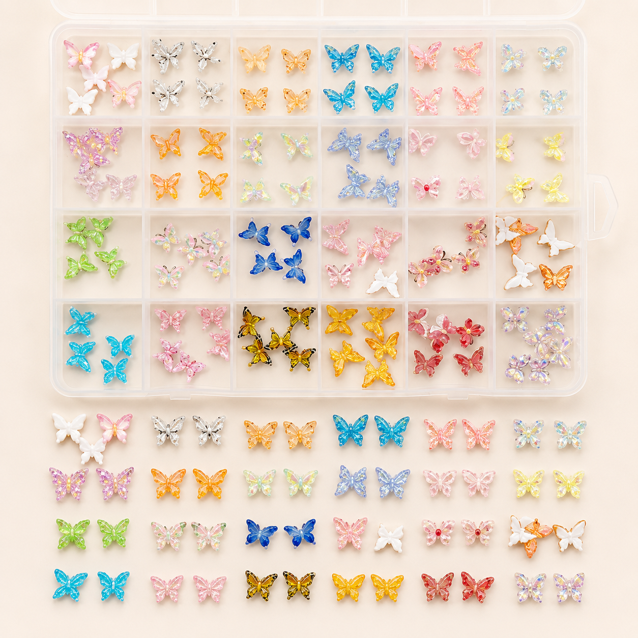 GV1105 24-Grid 3D Butterfly Nail Art Charms Kit – Vibrant Rainbow Color Palette, Glittery and Iridescent Acrylic Fly Gems for DIY Manicures and Crafts