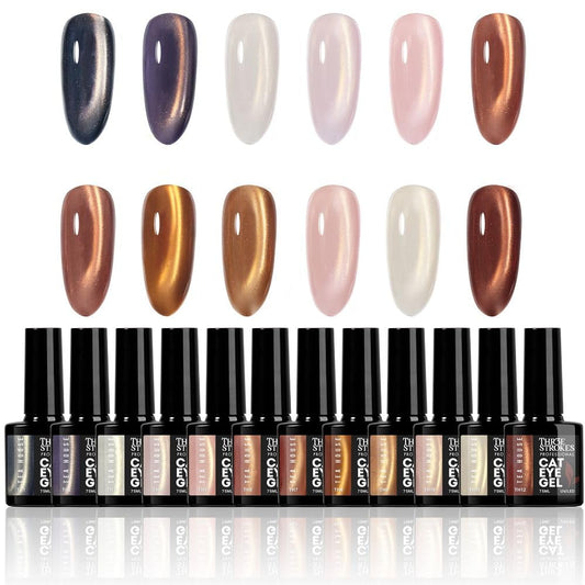 GV1172 THR3E STROKES Silk Cat Eye Gel Polish Set - 12 Colors (7.5ml) - Magnetic Velvet Shimmer Effect - UV/LED Soak Off Nail Art Manicure Kit (TEA HOUSE)