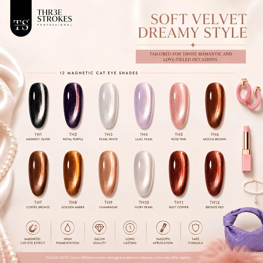 GV1172 THR3E STROKES Silk Cat Eye Gel Polish Set - 12 Colors (7.5ml) - Magnetic Velvet Shimmer Effect - UV/LED Soak Off Nail Art Manicure Kit (TEA HOUSE)