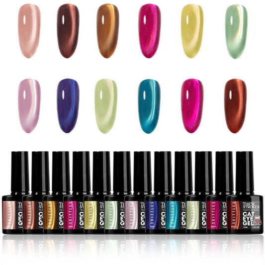 GV1171 THR3E STROKES Silk Cat Eye Gel Polish Set - 12 Colors (7.5ml) - Magnetic Velvet Shimmer Effect - UV/LED Soak Off Nail Art Manicure Kit (SKITTLES)