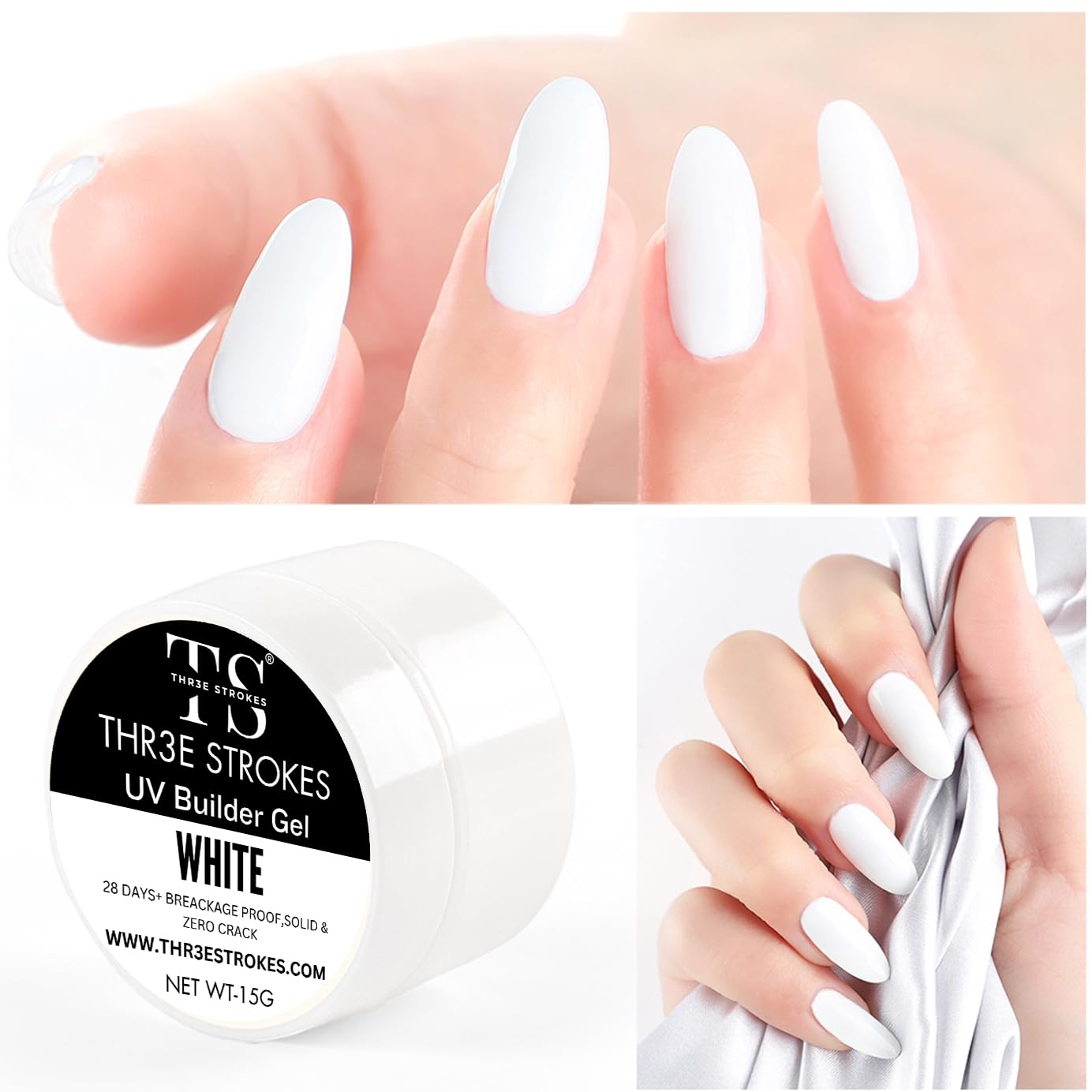 NP297 THR3E STROKES Builder Nail Gel, Gel Builder 15ml for Nails, Hard Gel Builder Nail Strengthener Extension Gel Nail Polish Rhinestone False Nail Tips Glue Gel in a Bottle (WHITE)