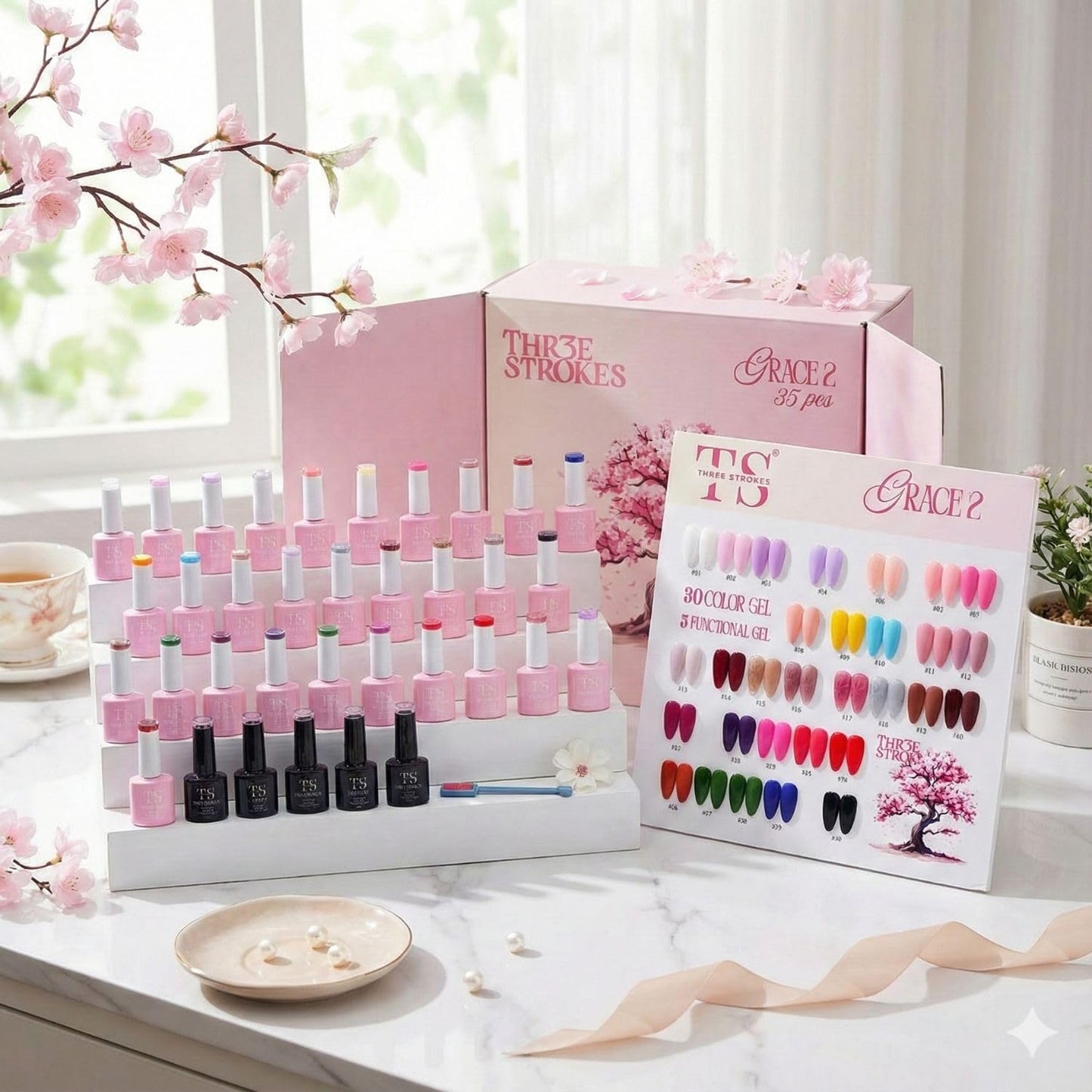 GV871 THREE STROKES Grace 2 Gel Nail Polish Kit – 35 Pcs Set (30 Trendy Colors + 5 Functional Gels) | Includes Base, Top, Matte, Primer & Reinforce Gel | Professional Soak Off UV/LED Nail Art Gift Box with Magnet Stick