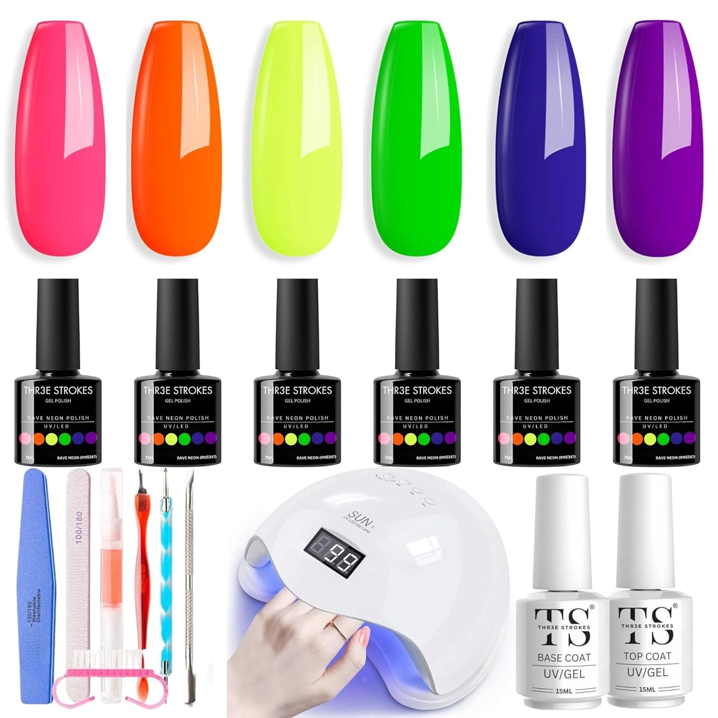 NP28 THR3E STROKES Gel Nail Polish Starter Kit With U V/LED Light, 6 Colors 48W Nail Dryer, Gel Base Top Coat Nail Art Tools, All-In-One Gift Kit, DIY Home/Salon Manicure Set, (WATERY NEED 3 LAYERS) (SD84)