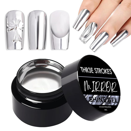 GV100 THR3E STROKES 8Ml Mirror Shine Gel Metallic Finish Silver Gel Uv/Led Gel Metal Painting Gel Drawing Mirror Nail Gel For Nail Art Designs (Silver)