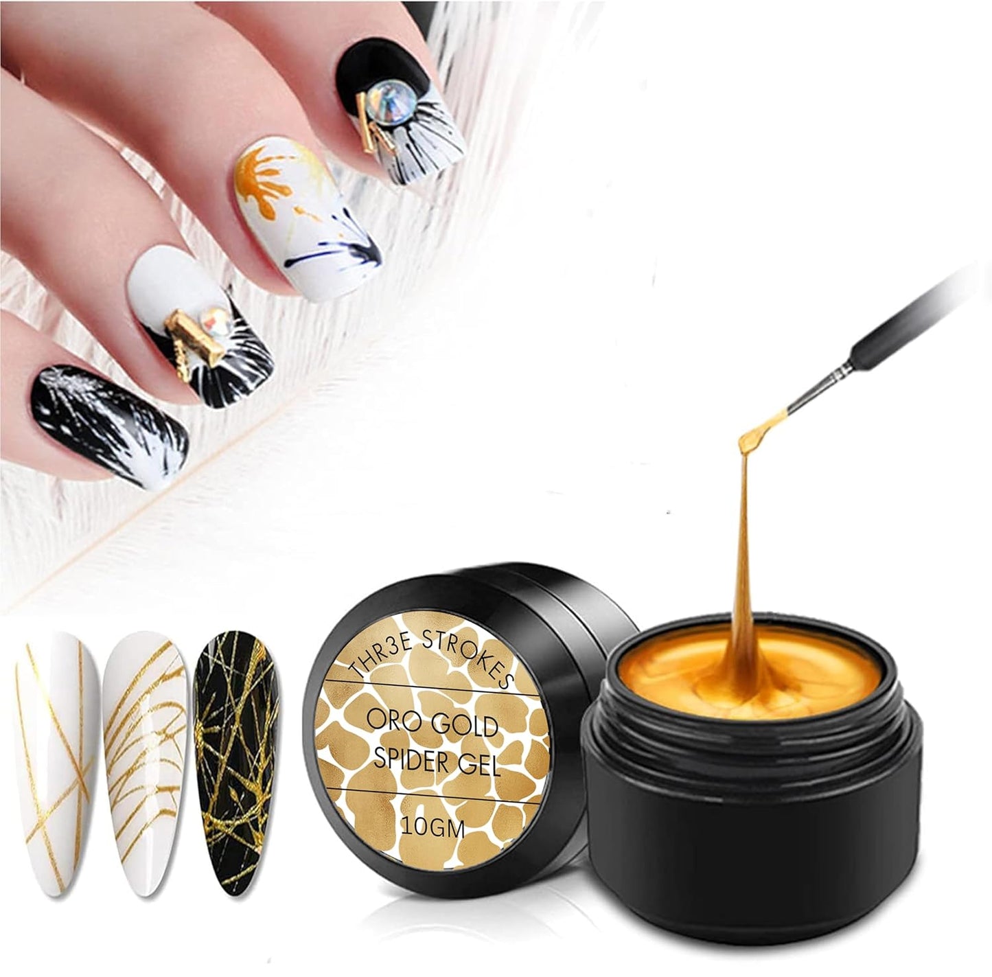 NP301 THR3E STROKES Gold Spider Gel Polish Kit Nail Spider Gel Paint For Nail Art Polish Thin Brush Spider Nail Gel Art Paint For Nails Uv Led Nail Polish Drawing Painting Black White Gel Nail Polish Kit (UV REQUIRE) (GOLD)