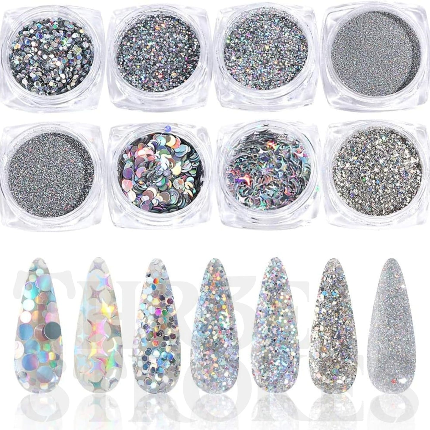 GV166 THR3E STROKES Holographic Nail Art Sequins Glitter Kits, 8 Boxes Holographic Nails Powder Nail Art Sequins Metallic Shining Flakes Silver Nail Glitter Set for Nails Art Decoration Holographic Manicure (D42)