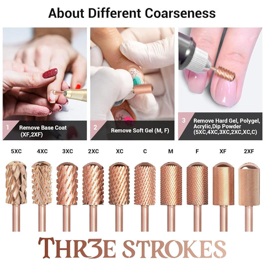 GV69 THR3E STROKES Nail Drill Bits, 3/32'' Smooth Round Top Large Barrel Carbide Bits, Suitable for Manicure Pedicure Cuticle Gel Polishing, Beginners Bits, Rose Gold, Series Bit (Coarse-C, ROSE GOLD)