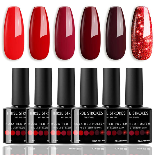 GV12 THR3E STROKES Gel Nail Polish Set- 6 Colors Nude Gel Polish All Seasons Skin Tones Pink Neutral Brown Gel Polish Kit (Uv/Led Lamp Required) Shades Need At Least 3 Layers, Shine Finish, 7.5 Milliliters (ROJA RED 888, 15ml)