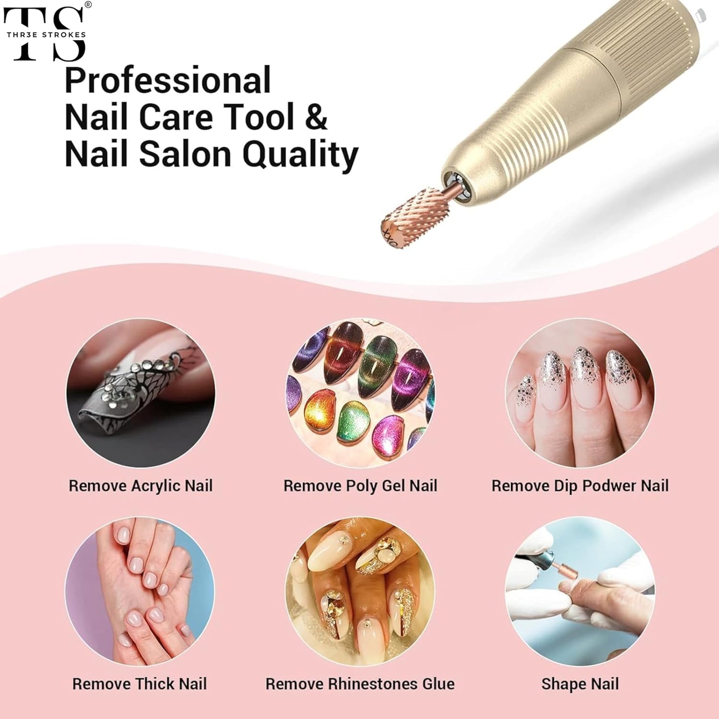 GV74 THR3E STROKES Nail Drill Bits, 3/32'' Smooth Round Top Large Barrel Carbide Bits, Suitable for Manicure Pedicure Cuticle Gel Polishing, Beginners Bits, Rose Gold, Series Bit (Double Coarse-2XC, ROSE GOLD)