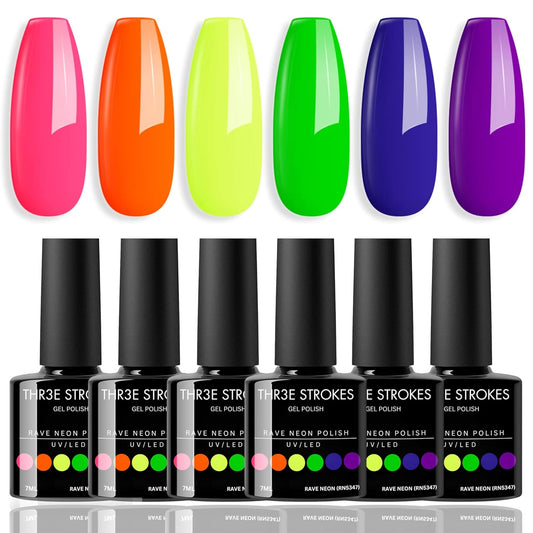 GV13 THR3E STROKES Gel Nail Polish Set- 6 Colors Nude Gel Polish All Seasons Skin Tones Pink Neutral Brown Gel Polish Kit (Uv/Led Lamp Required) Shades Need At Least 3 Layers, Shine Finish, 7.5 Milliliters (RAVE NEON RN5347, 15ml)
