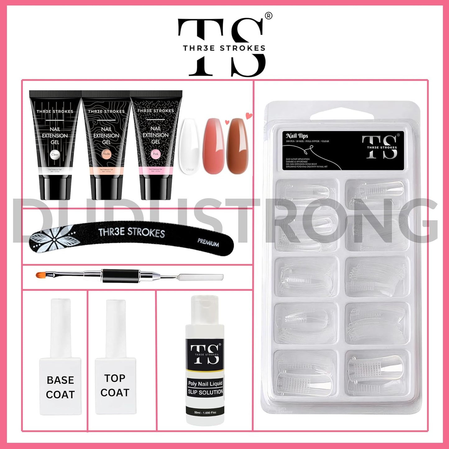 NP65 THR3E STROKES Poly Gel Extension Kit - Enhancement Builder, Neutral Gel Art Design, All-in-One French Kit for Easy DIY at Home - Valentine Gifts for Beginners (HRT584)