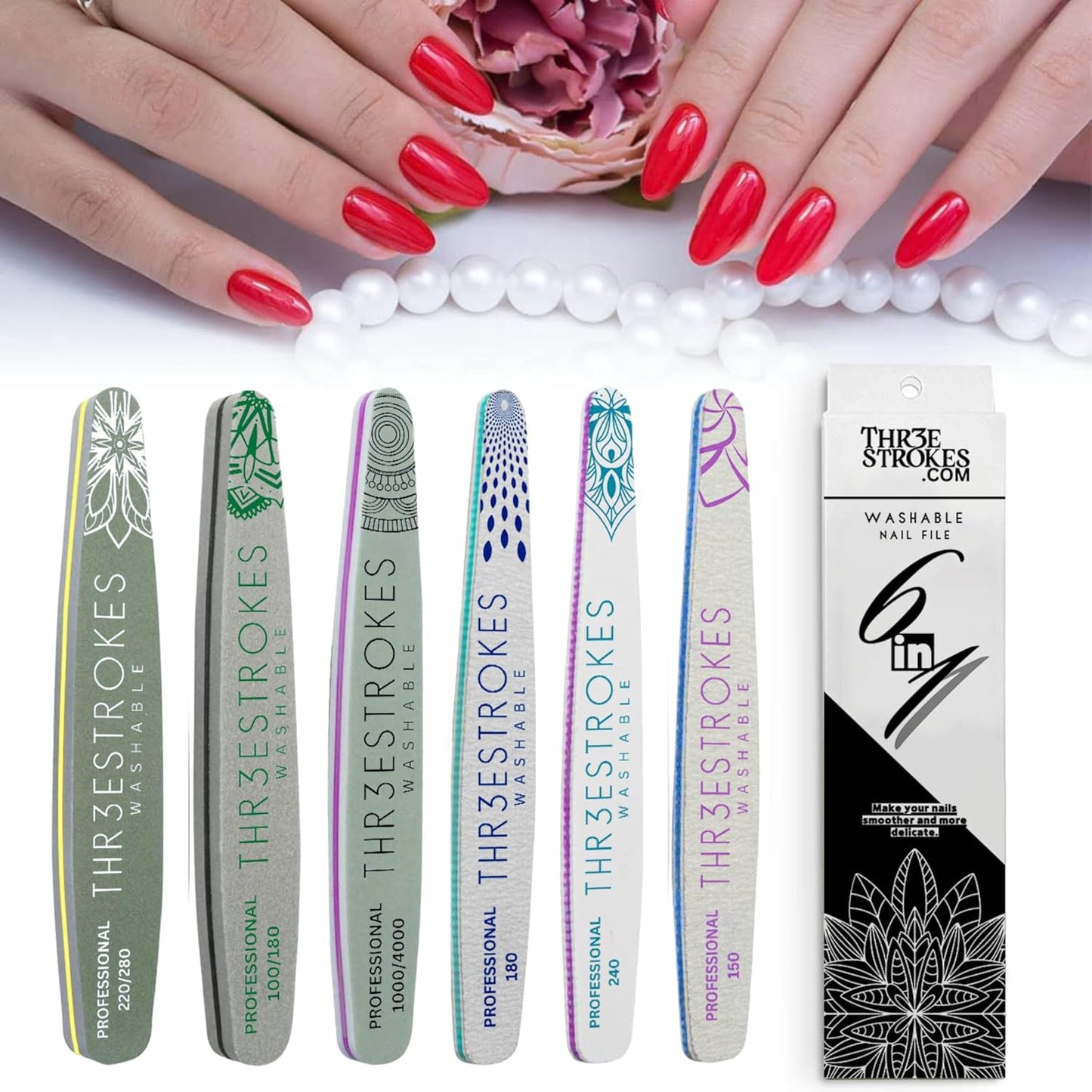 GV534 THR3E STROKES 6 pcs Nail Files Set for Manicure, Nail Buffer Files Block Coarse Washable Nail Polisher Double Sided Nail Shaper Emery Boards for Acrylic & Natural Nails 100/150/180/220/240/280/1000/4000 Grid