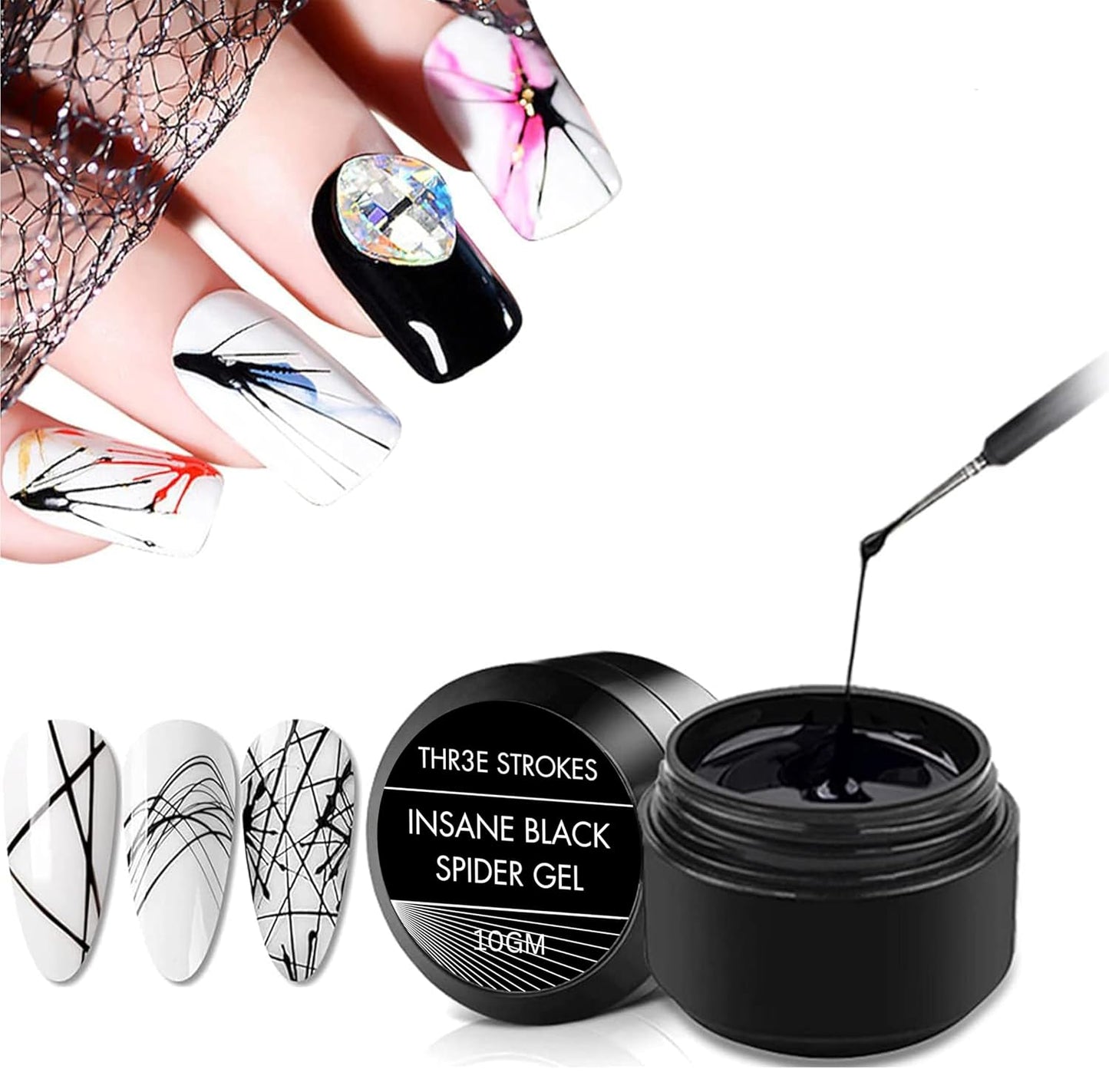 NP51 THR3E STROKES Black Spider Gel Polish Kit Nail Spider Gel Paint For Nail Art Polish Thin Brush Spider Nail Gel Art Paint For Nails Uv Led Nail Polish Drawing Painting Black White Gel Nail Polish Kit (BLACK)