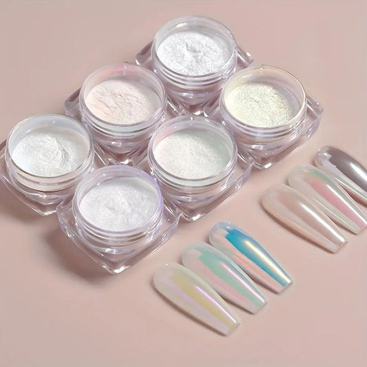 GV589 6 Colors Aurora Chrome Nail Powder Set – Holographic Pearl Pigment for Mirror & Iridescent Nail Art (Each 0.5gm)