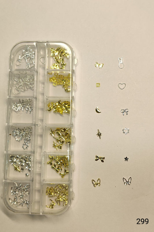 GV641 12 Grid Gold & Silver Nail Art Charms Set – 3D Metal Nail Decoration Box (299)