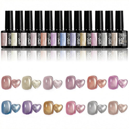 GV904 THR3E STROKES Korean Silk Cat Eye Gel Polish Set - 12 Colors (7.5ml) - Magnetic Velvet Shimmer Effect - UV/LED Soak Off Nail Art Manicure Kit (KS01-KS12) (KOREAN SILK)