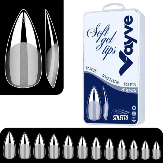 GV974 Vayve Soft Gel Nail Tips – Half Matte Pre Buff & Full Clear, 120 Pcs (12 Sizes)