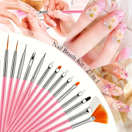 GV755 27-in-1 Professional Nail Art Kit – All-in-One 2-in-1 Brush & Pen System with Dotting Tools, Stamping Pen & Nail Brushes for Gel & Acrylic Nail Design (No Gel Polish Colors Included)