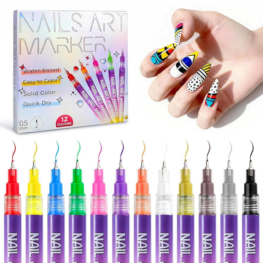 GV1080 THR3E STROKES 12 Colors DIY Nail Art Pens Set | 0.5mm Ultra Fine Nail Art Marker Pens | Quick Dry Waterproof Nail Polish Pens for DIY Nail Painting | Nail Art Kit for Women & Kids