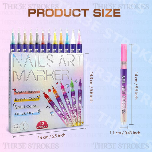 GV1080 THR3E STROKES 12 Colors DIY Nail Art Pens Set | 0.5mm Ultra Fine Nail Art Marker Pens | Quick Dry Waterproof Nail Polish Pens for DIY Nail Painting | Nail Art Kit for Women & Kids
