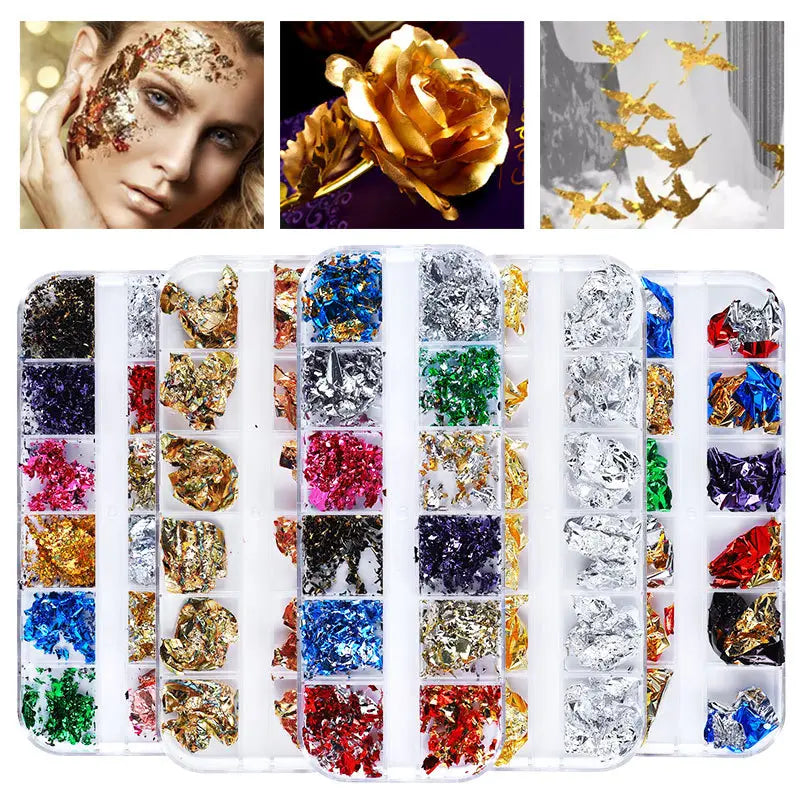GV766 12 Colors Holographic Nail Art Foil Set – Ultra-Thin Glitter Stickers & Laser Sequins for 3D Manicure and DIY Nail Design