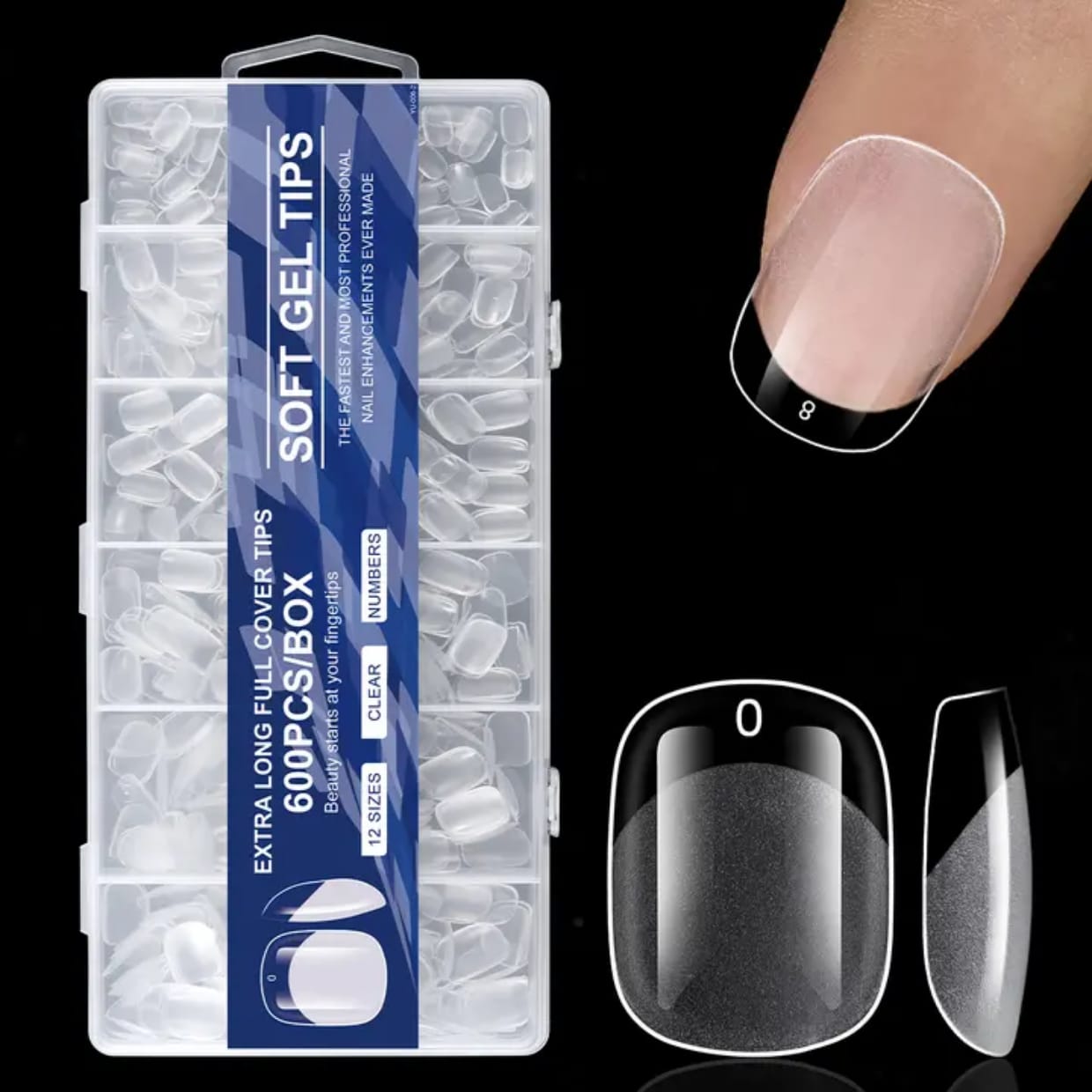 GV914 600pcs Soft Gel Nail Tips – Extra Long Full Cover Clear Nail Extensions, Pre-Shaped False Nails for Gel/Polygel/Acrylic (12 Sizes Box)