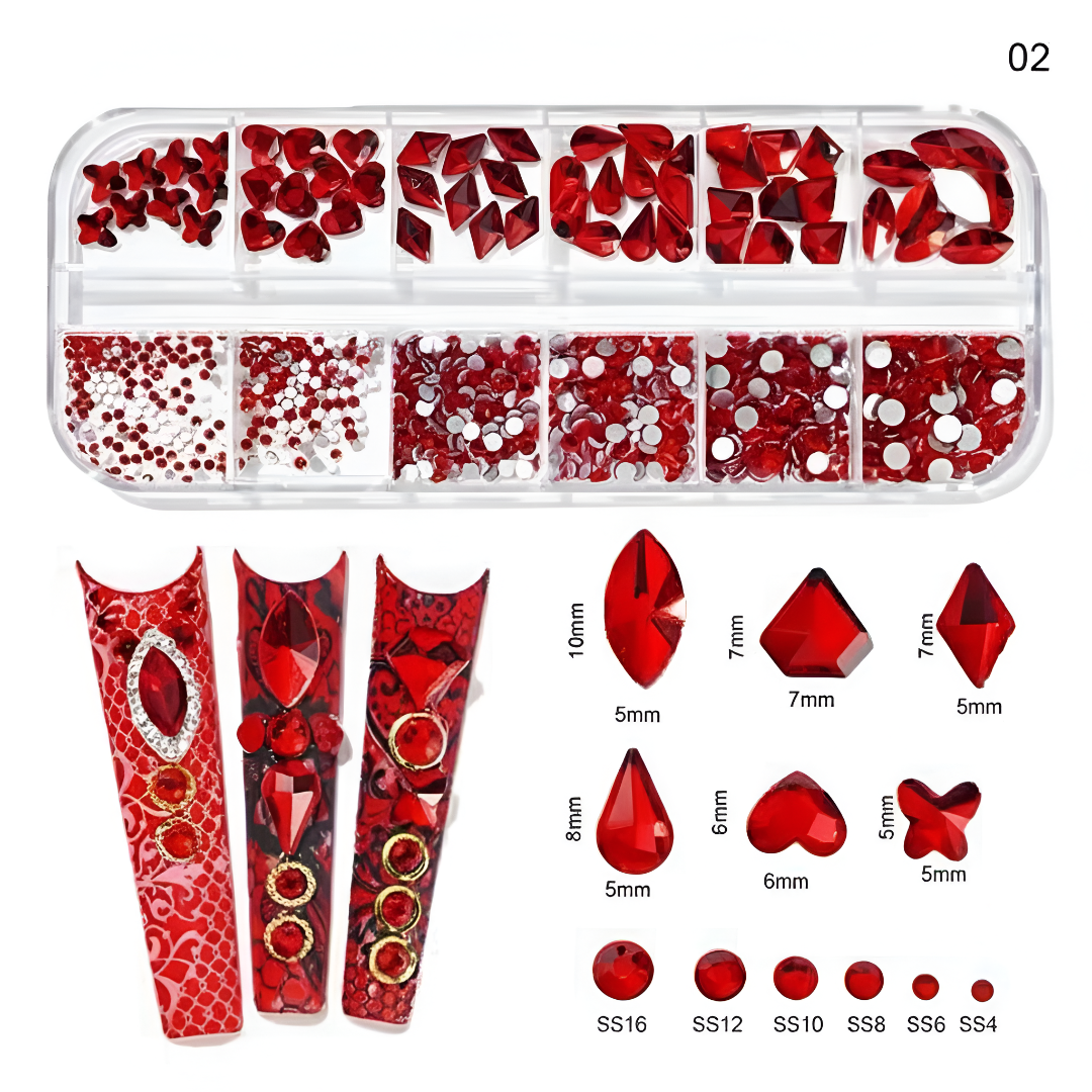 Red Nail Rhinestone Kit – 12 Grids of 3D Gems & Studs for Nail Art