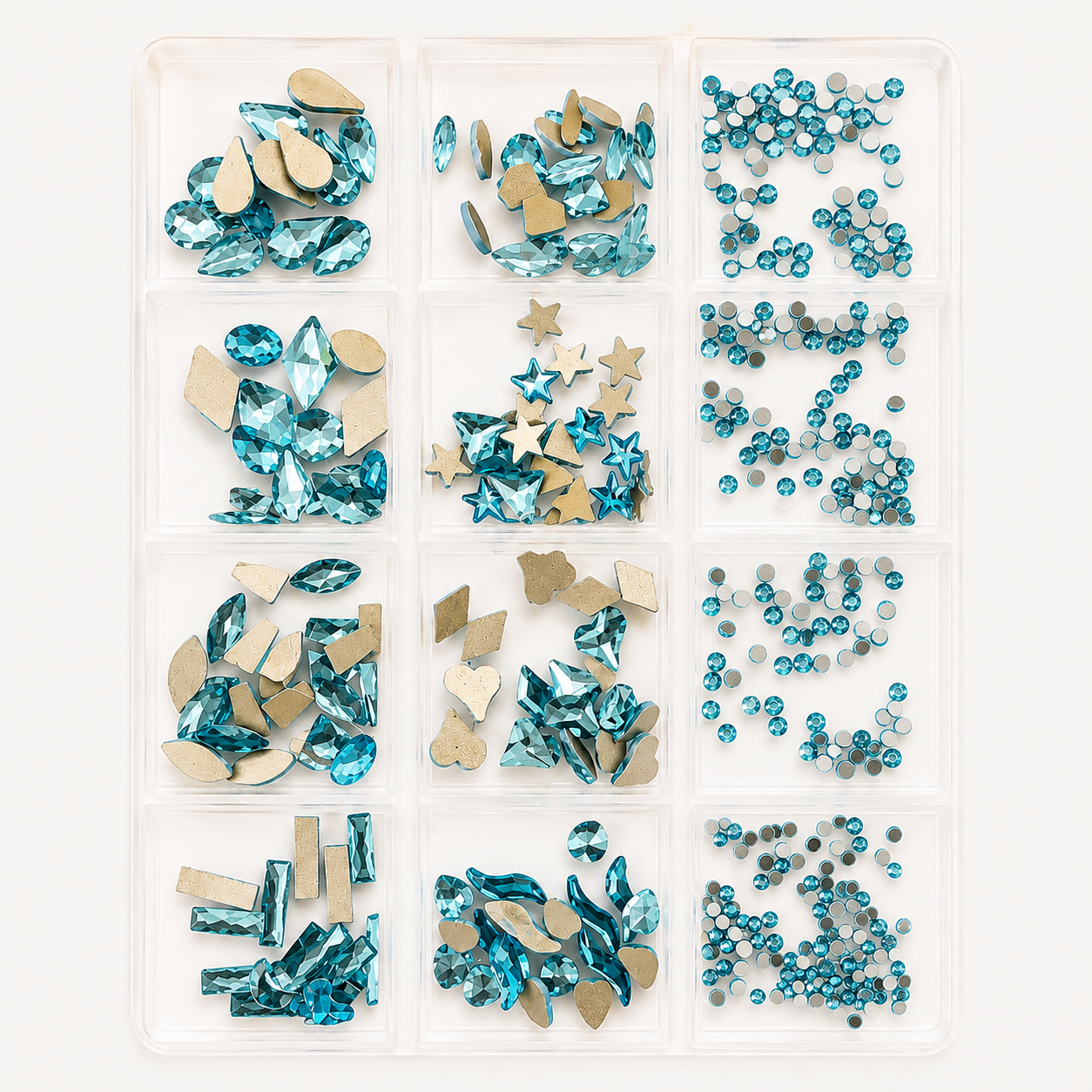 GV1148 12 Compartments Blue Rhinestone Nail Art Decoration Set, Mixed Shapes & Sizes Crystal Nail Charms for Manicure, Acrylic Nails, Gel Nails & DIY Nail Art