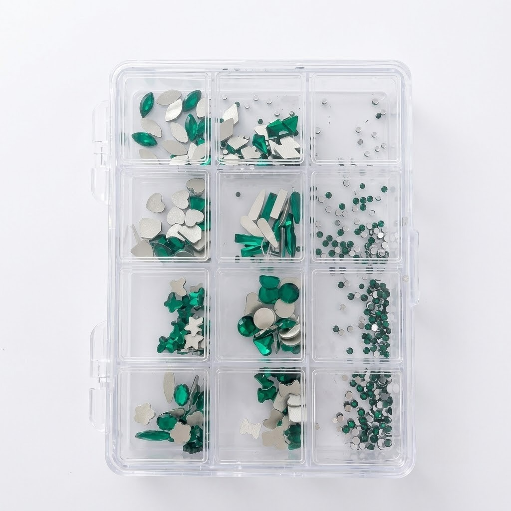 GV1154 12 Compartments Emerald Green & Silver Rhinestone Nail Art Decoration Set, Mixed Shapes & Sizes Crystal Nail Charms for Gel Nails, Acrylic Nails, Manicure & DIY Nail Art