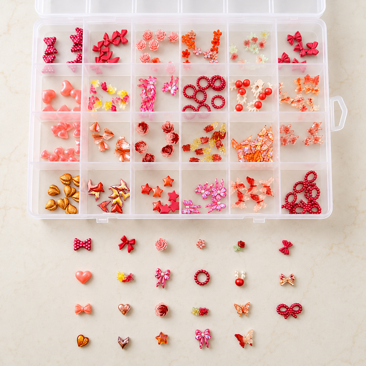 GV1102 24-Grid Red & Pink 3D Nail Art Charms Organizer Set – Mixed Resin Bows, Hearts, Flowers, and Butterflies Rhinestones Kit for DIY Manicures and Crafts