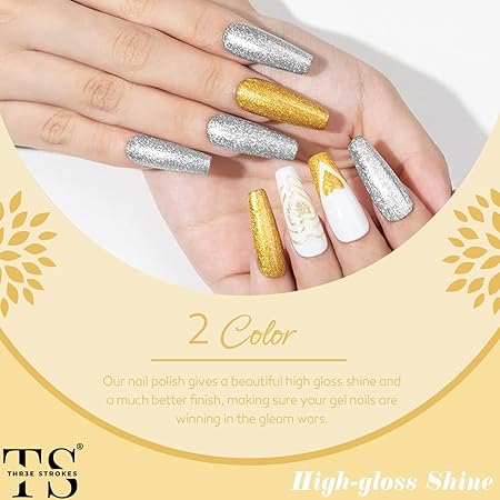 GV349 THR3E STROKES Golden Reflective Glitter Gel Polish Set for Swirl Shiny Nail Art With Brush (Gold)
