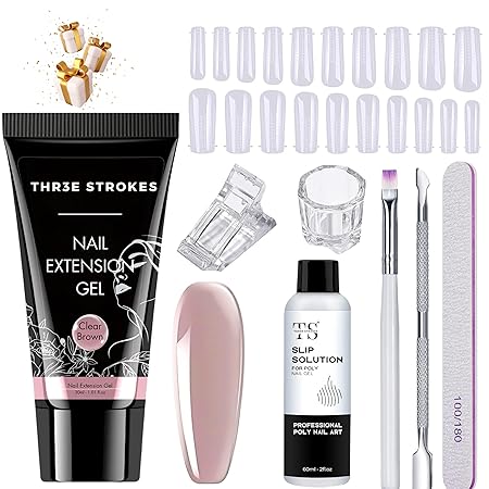 GV465 THR3E STROKES Poly Nail Gel Extension Kit for Builder Gel UV Nail Art Kit, Nail Extension Set (8 Items in the set) (11 CLEAR BROWN)