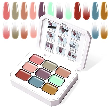 GV745 THR3E STROKES Solid Cream GelPolish Set, 9 Colors Pudding Gel Nail Polish Palette with Nail Brush, Nude Pink Orange Red Solid Gel Polish Nail Art Kit Soak Off Portable Gift for Girls/Friend DIY Home (F)